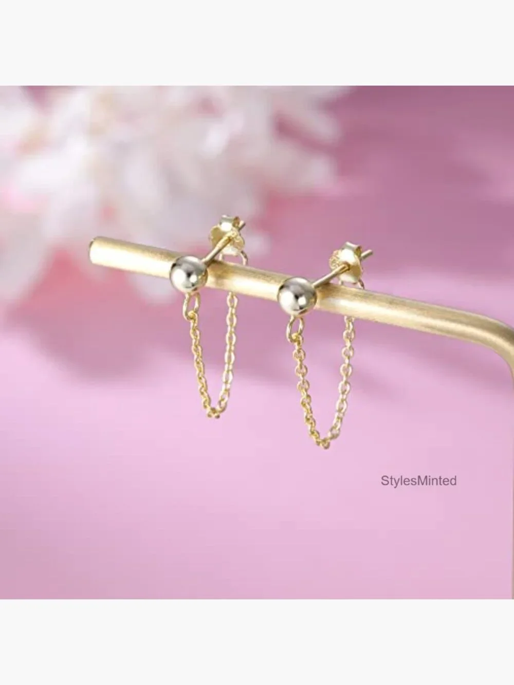 Minimalist Ball Earrings with Chain Dangle Sterling Silver Studs